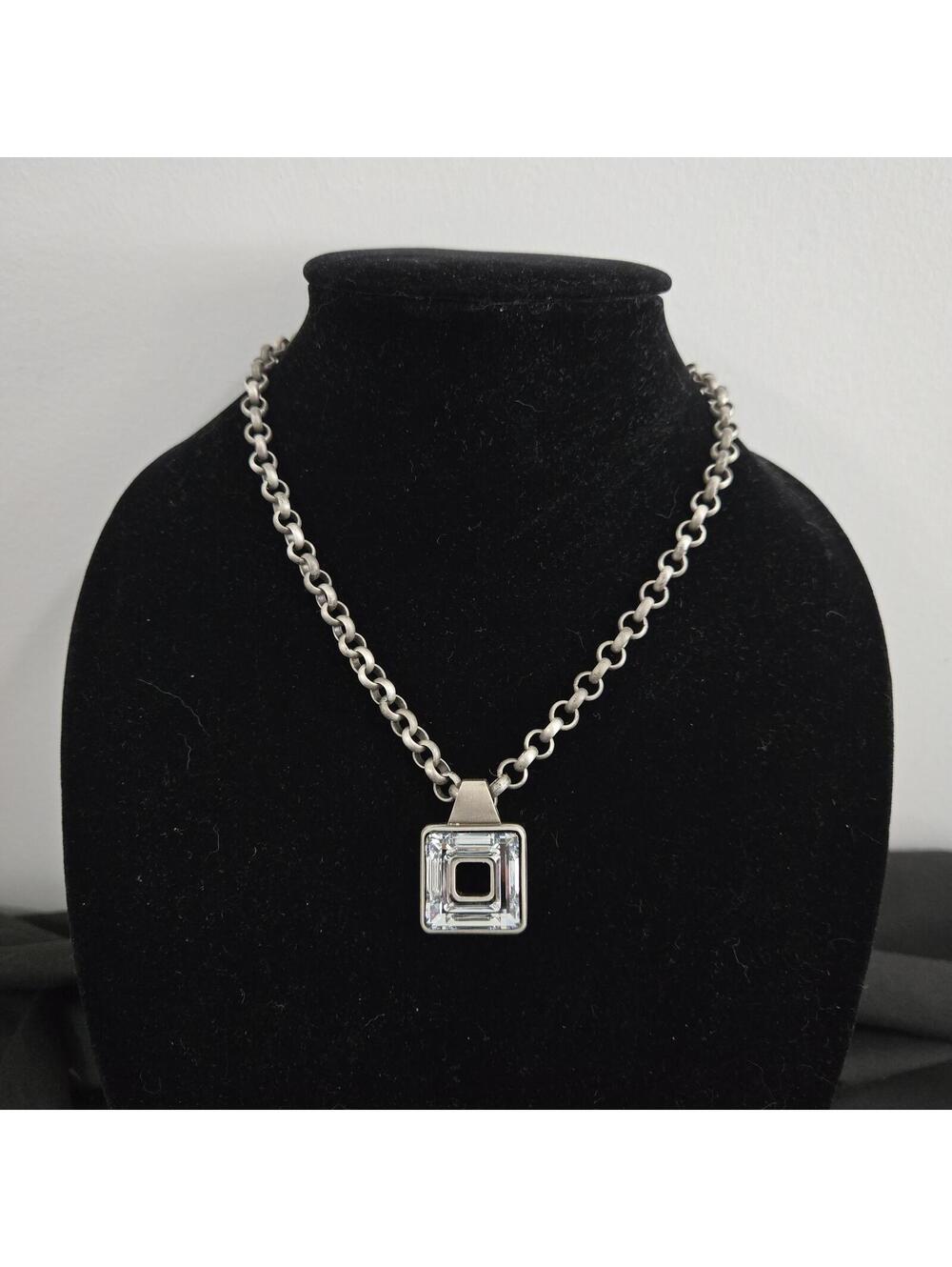 Myka Blue Crystal Pendant Necklace Pewter Modernist Geometric Y2K Chunky
